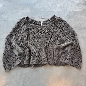 Vintage Y2k Free People Knit Crochet Brown Flare Sleeve Mesh Sweater Small